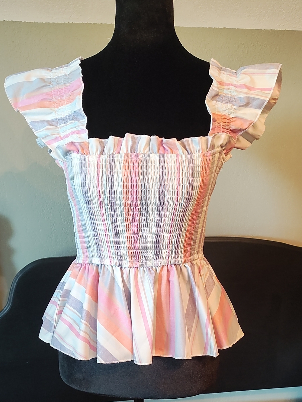 Smocked Ruffle Peplum Tank Top in Pastel Stripe